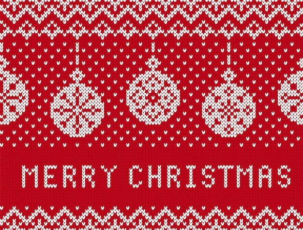 Merry christmas knit pattern. red seamless border with balls. knitted texture. xmas festive background. holiday ornament. fair isle traditional print. vector illustration.