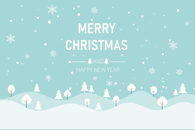 ベクトル フラット スタイルの雪と木のベクトル図とメリー クリスマスの風景の背景。
