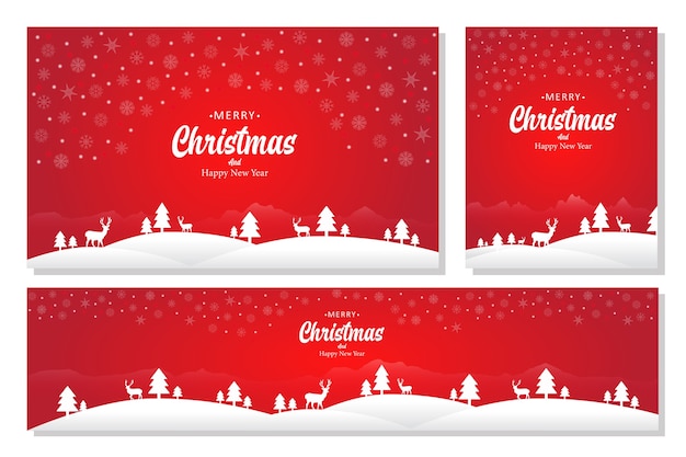 Vettore set di banner paesaggio di buon natale, uno stile di design piatto. illustrazione di sfondi