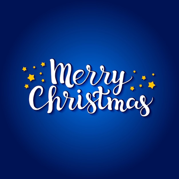 Merry Christmas lettering on a blue background with a yellow stars Hand painted lettering Vector illustration Design by flyer banner poster printing mailing