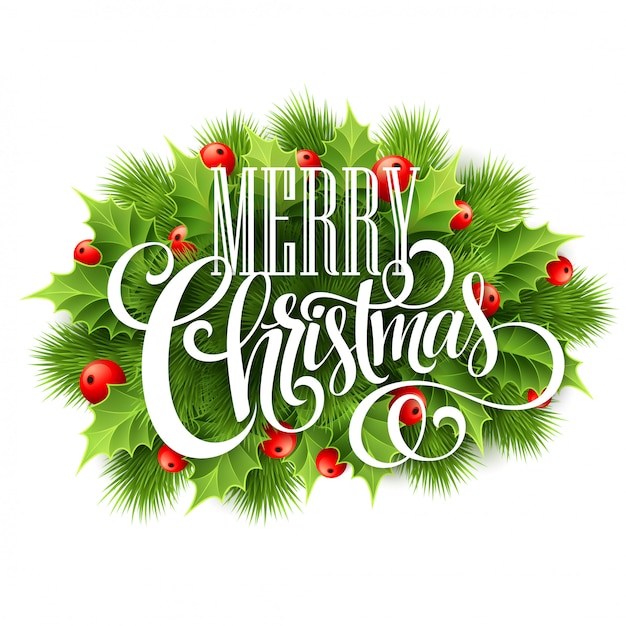 Merry Christmas lettering card with holly, greeting card