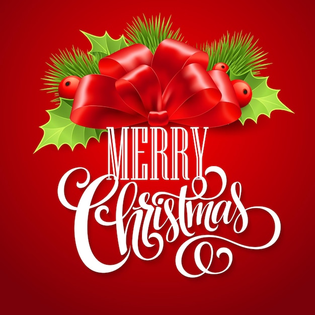 Merry christmas lettering card with holly. vector illustration eps10