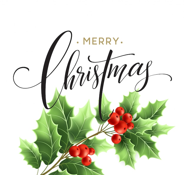 Merry christmas lettering card with holly