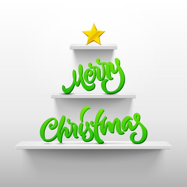 Merry Christmas lettering on ChristmasTree shaped shelves with holiday greeting calligraphy