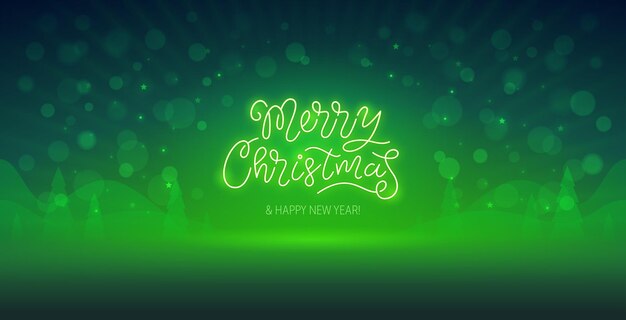 Merry Christmas Lettering Green Neon Vector