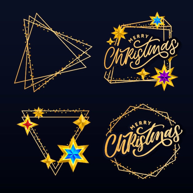 Vector merry christmas lettering with golden frame and stars collection