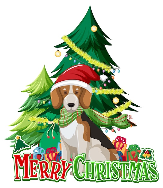 Merry Christmas-lettertype met Beagle-hond en kerstboom