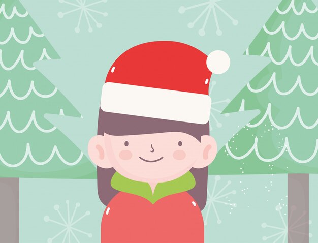 С Рождеством маленькая девочка в шляпе Санта-Клауса снега