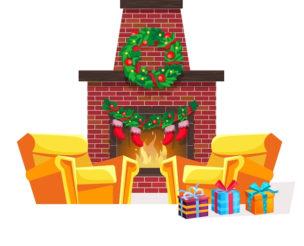 Merry Christmas living room interior eve of new year Christmas tree wreath over burning fireplace holiday decorations armchair socks over fireplace Vector illustration greeting card template