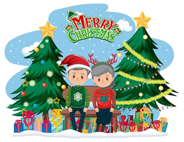 Vector merry christmas logo with elderly couple sitting on a bench