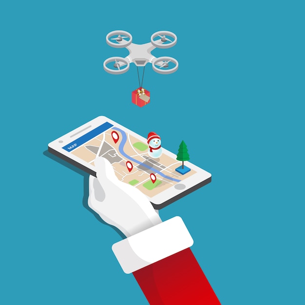 Merry christmas, mobile in hand santa claus, gift delivery by drone flat isometric illustration.