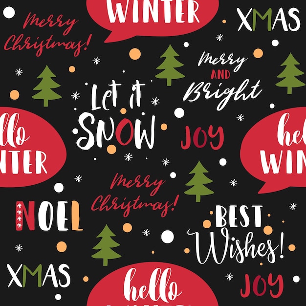 Merry Christmas naadloze patroon achtergrond met kalligrafie, belettering, sneeuwvlokken, kerstboom. Inpakpapier, textiel, behangontwerp. Vector illustratie. Eps 10