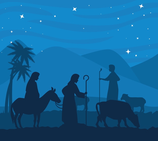 Вектор С рождеством христовым вертеп на осле иосиф и корова дизайн, зимний сезон и украшения