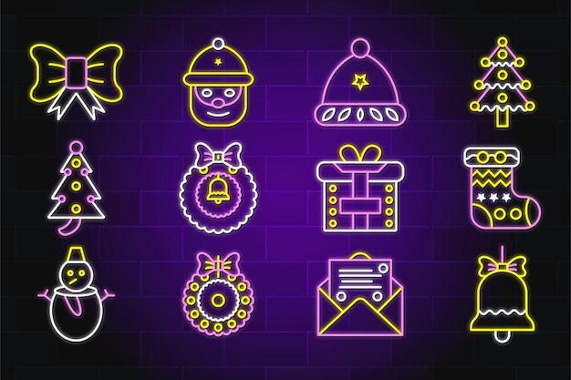 Merry christmas neon icon set premium