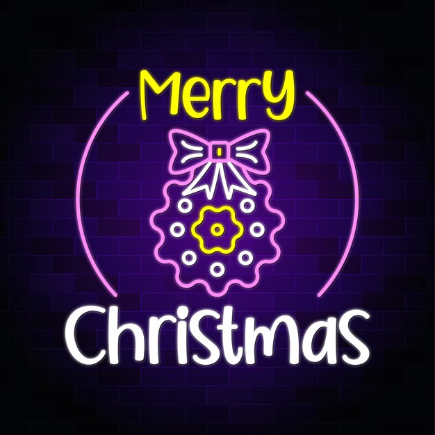 Merry christmas neon text with christmas bow tie and flower - neon sign banner and background premium