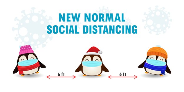 Merry christmas for new normal lifestyle concept and social distancing with cute of penguin