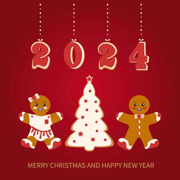 メリー クリスマスと新年 2024 グリーティング カード願いとお祭り要素とジンジャーブレッドの構成のクリスマス カード