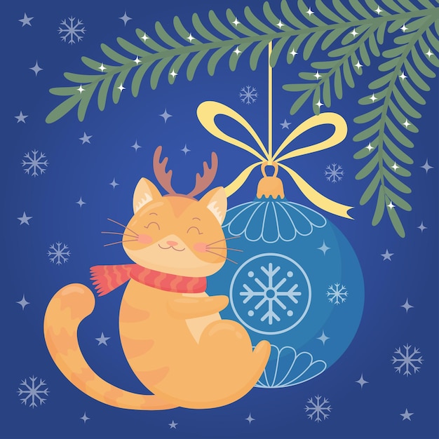 Merry christmas and new year card with cute cat with christmas ball spruce tree branch snowflakes