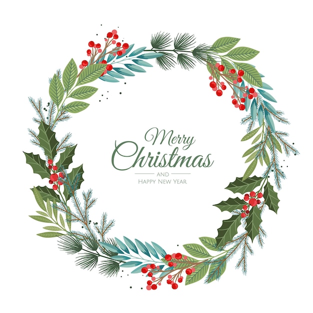 Vector merry christmas and new year card with pine wreath, mistletoe, winter plants design illustration for greetings, invitation, flyer, brochure.