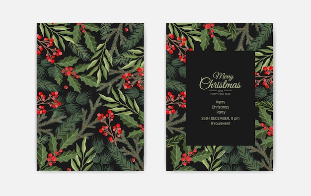 Merry christmas and new year cards with pine wreath, mistletoe, winter plants design illustration for greetings, invitation, flyer, brochure.