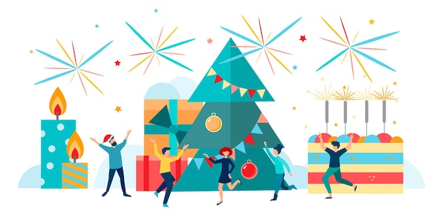 Vettore buon natale e capodanno celebrazione concetto illustrazione vettoriale persone che ballano e si divertono