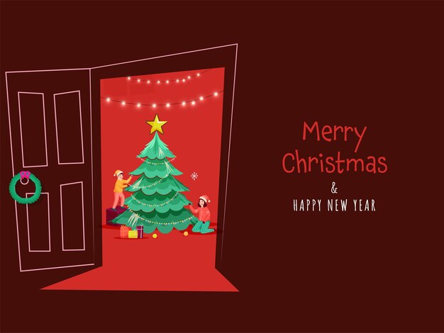 Merry christmas and new year concept with kids decorating xmas tree in interior view on dark red background.