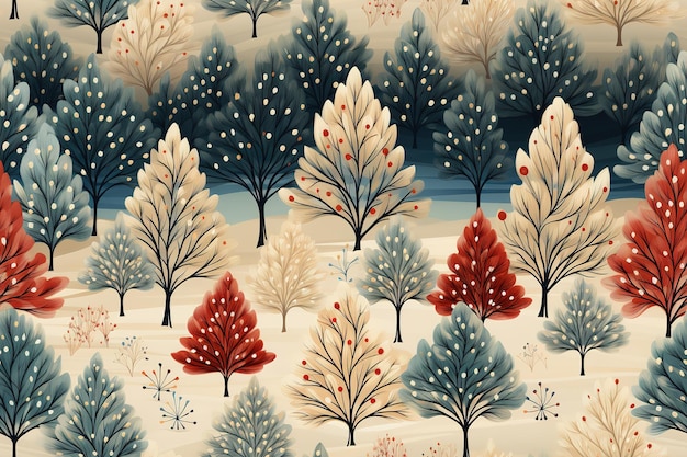 Buon natale e anno nuovo sfondo decorativo winter modello senza cuciture con alberi disegnato a mano