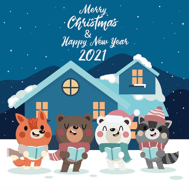 Merry christmas and new year greeting background with cute winter animal