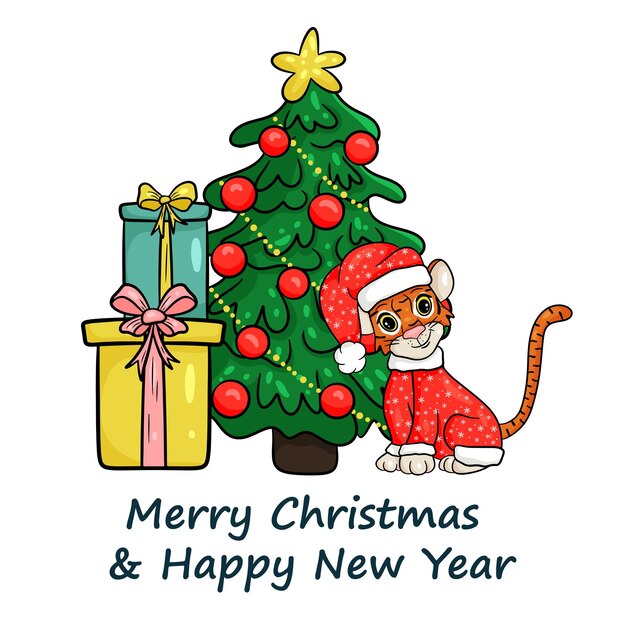 Merry Christmas and New Year greeting card. Tiger in red Christmas costume under Christmas tree with gifts. Vector illustration cartoon style