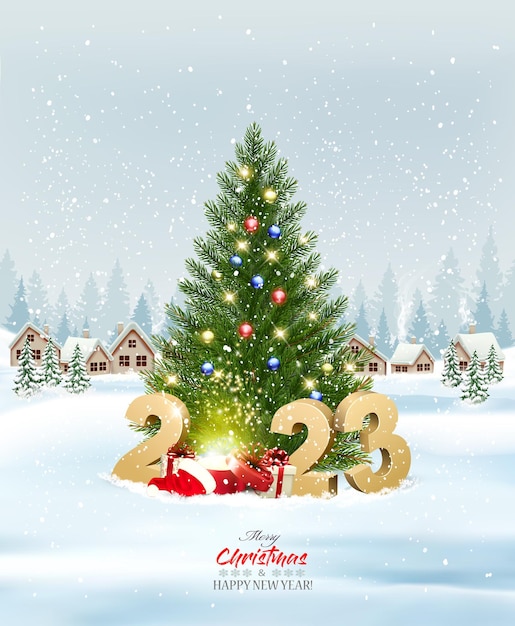 Merry Christmas and New Year holiday background with presents christmas tree and and winter village and magic box Vector