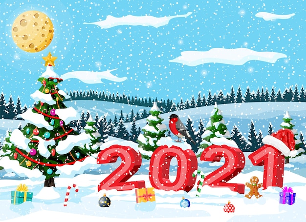 Merry Christmas and New Year holiday greeting xmas card with 2021 bold letters