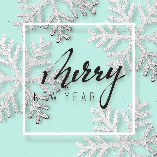Merry Christmas and New Year's festive background with bright shiny glitter snowflake. vector illustration