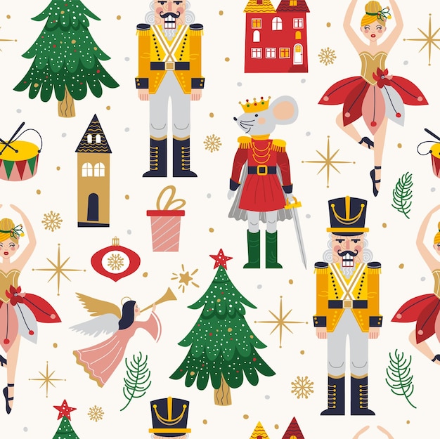 발레리나 마우스 킹과 호두까기 인형 크리스마스 카드 3개와 장난감으로 설정된 메리 크리스마스 새해 원활한 패턴