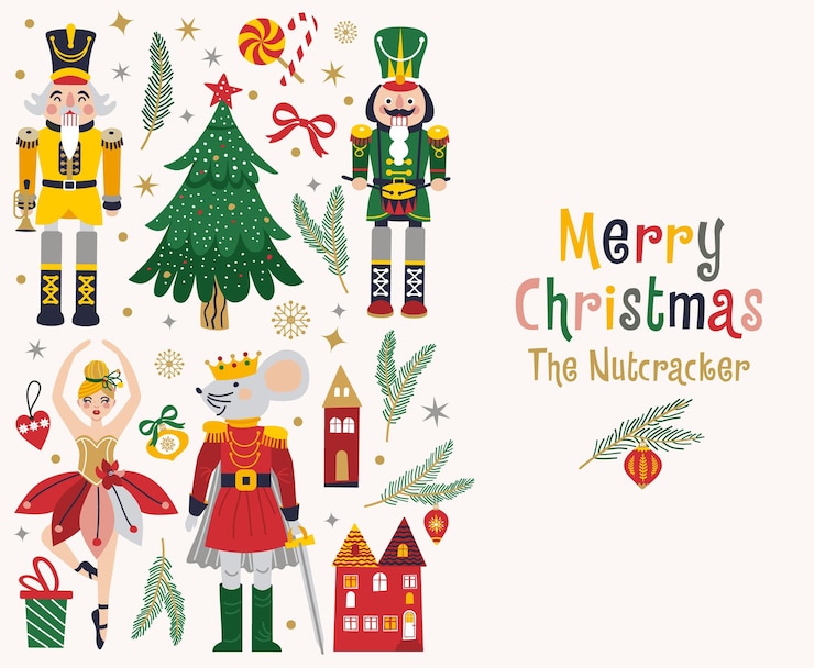 Vector merry christmas new year set with ballerina mouse king and nutcracker christmas card three and toys