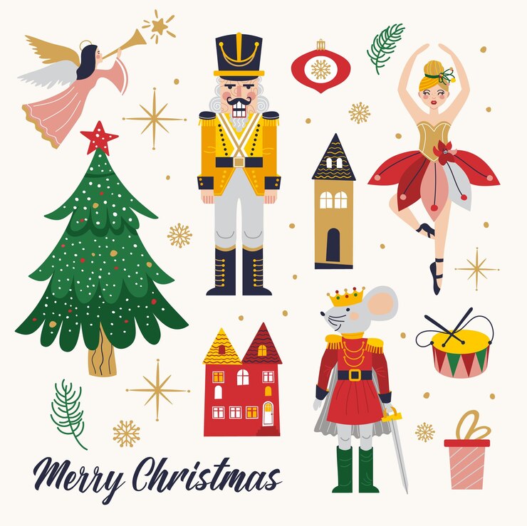 Vector merry christmas new year set with ballerina mouse king and nutcracker christmas card with three and