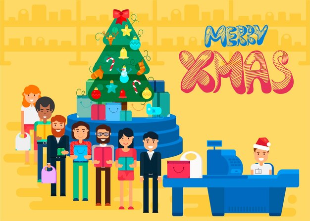 Merry Christmas And New Year In Shop. Store with customers crowd and cashier near cash desk. Gifts and presents. Shopping concept illustration. Sale Boxing Day banner. Vector