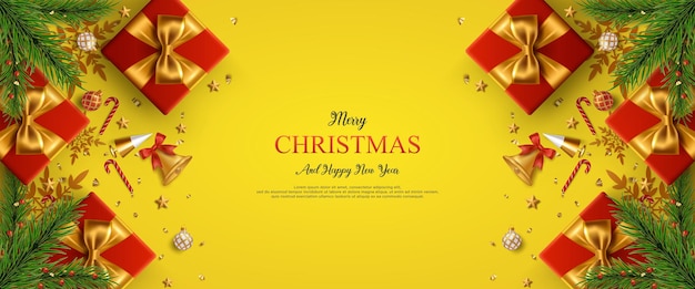 Vector merry christmas and new year yellow poster with gift box and christmas decoration elements