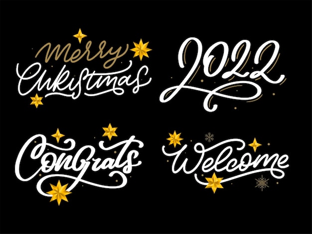 Merry christmas nieuwjaar belettering kalligrafie ontwerp set vectorillustratie