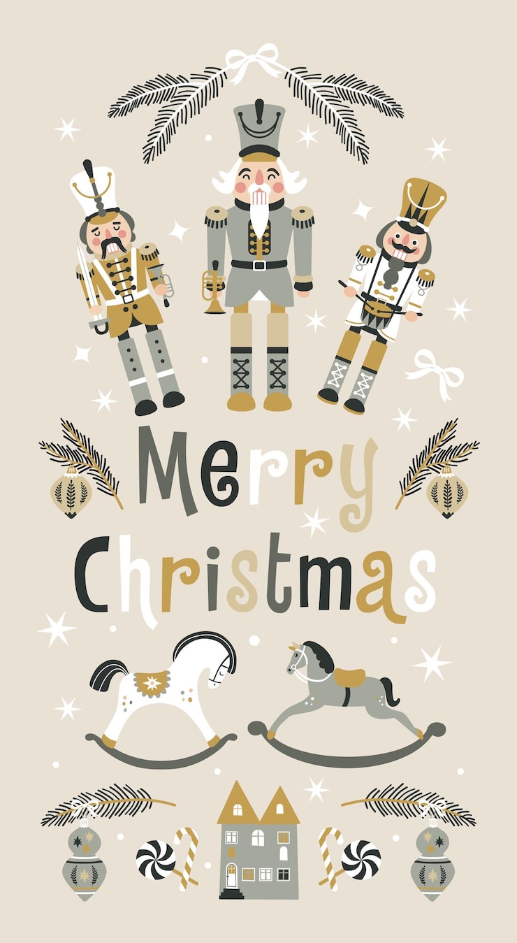 Vector merry christmas nutcrackers vector banner on light background postcard childish rocking horses