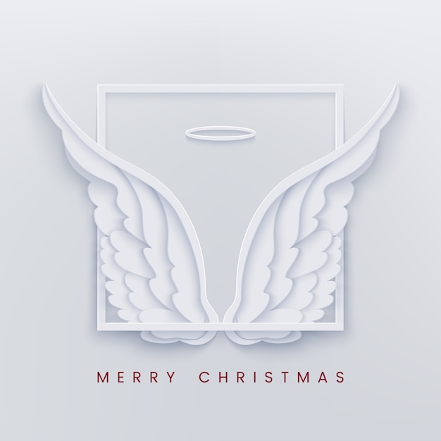 Merry christmas paper cut card with white angel wings