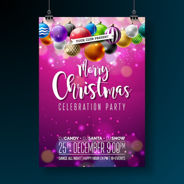 merry christmas party design with holiday typography elements and multicolor ornamental balls on shiny background.