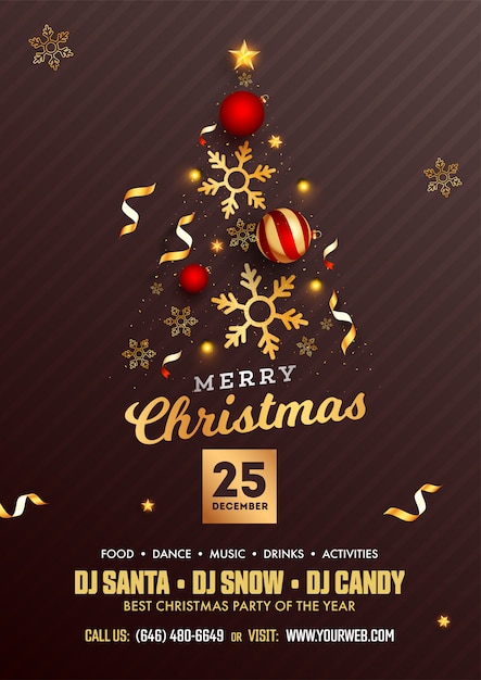 Vector merry christmas party flyer design with creative xmas tree made by realistic baubles, golden stars