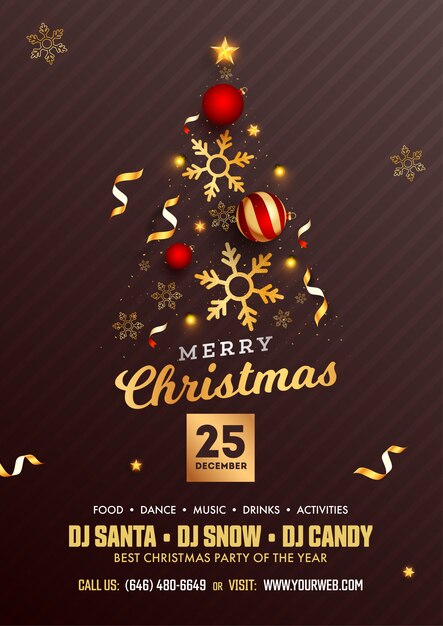 Vector merry christmas party flyer with christmas tree