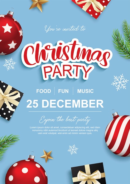 Merry christmas party glazen bol en geschenkdoos voor flyer brochureontwerp op blauwe achtergrond