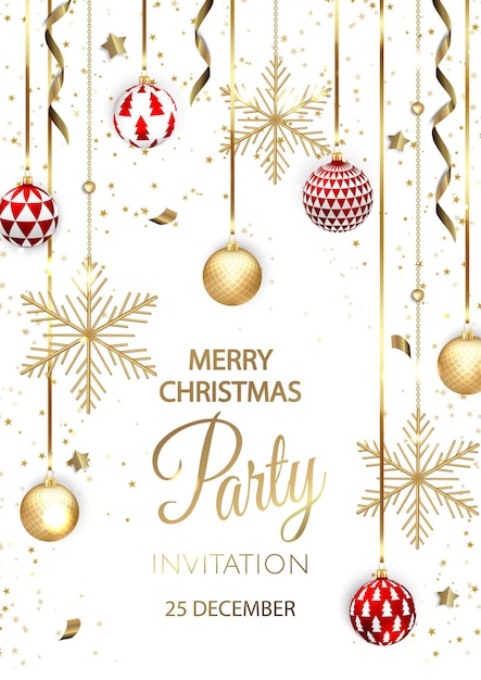 Merry Christmas Party invitation. Happy New Year card Decoration. Winter background. Seasonal holidays.