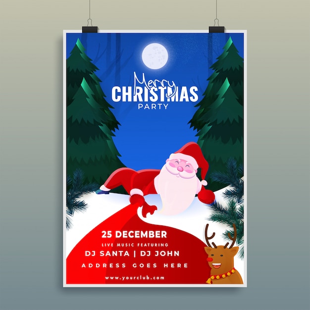 Vector merry christmas party poster with xmas tree, reindeer and santa claus on moonlight