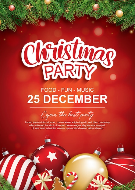 Merry christmas party with glass ball and gift box for flyer brochure design on red background