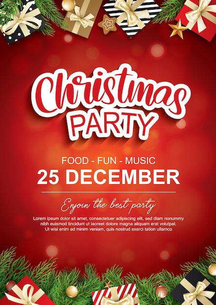 Vector merry christmas party with glass ball and giftbox for flyer background invitation theme concept