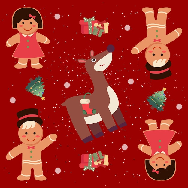 Merry christmas pattern seamless with cute gingerbread and reindeer