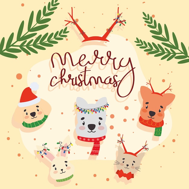 Biglietto di buon natale con animali domestici